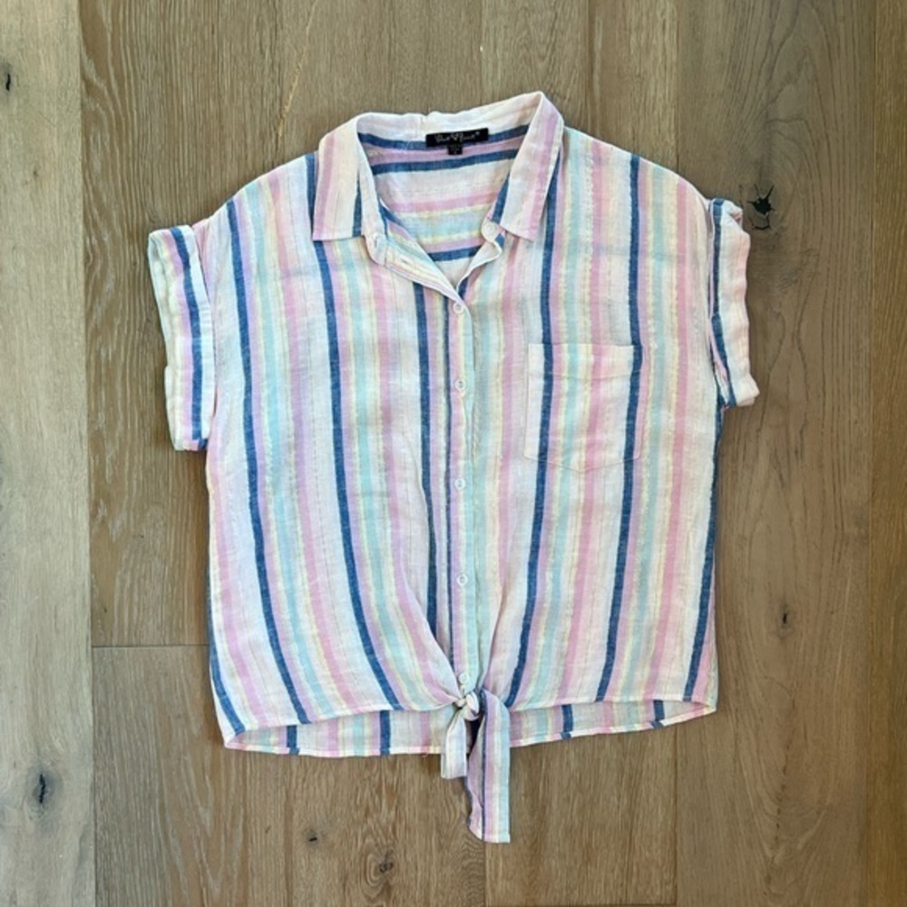 Velvet Heart Short Sleeve Button Up Tie Shirt In Blue / Pink Stripes with Gold